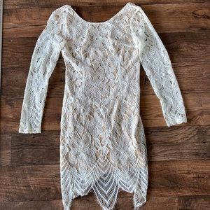 White Lace & Nude Long-Sleeve Dress